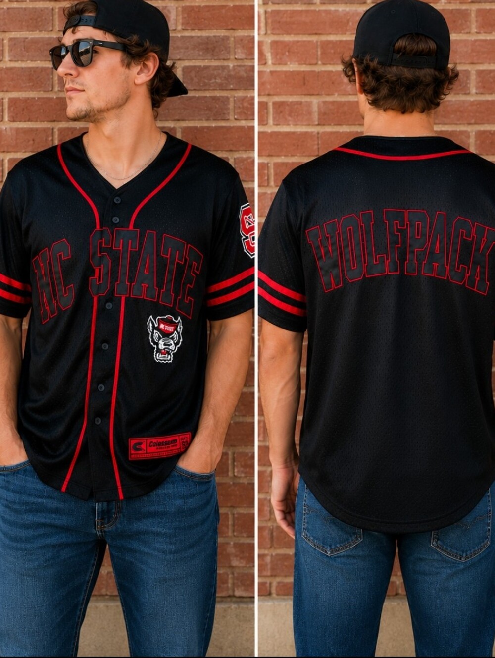 Colosseum NC State Wolfpack Baseball Jersey Black Red Mesh Button Front Men's S